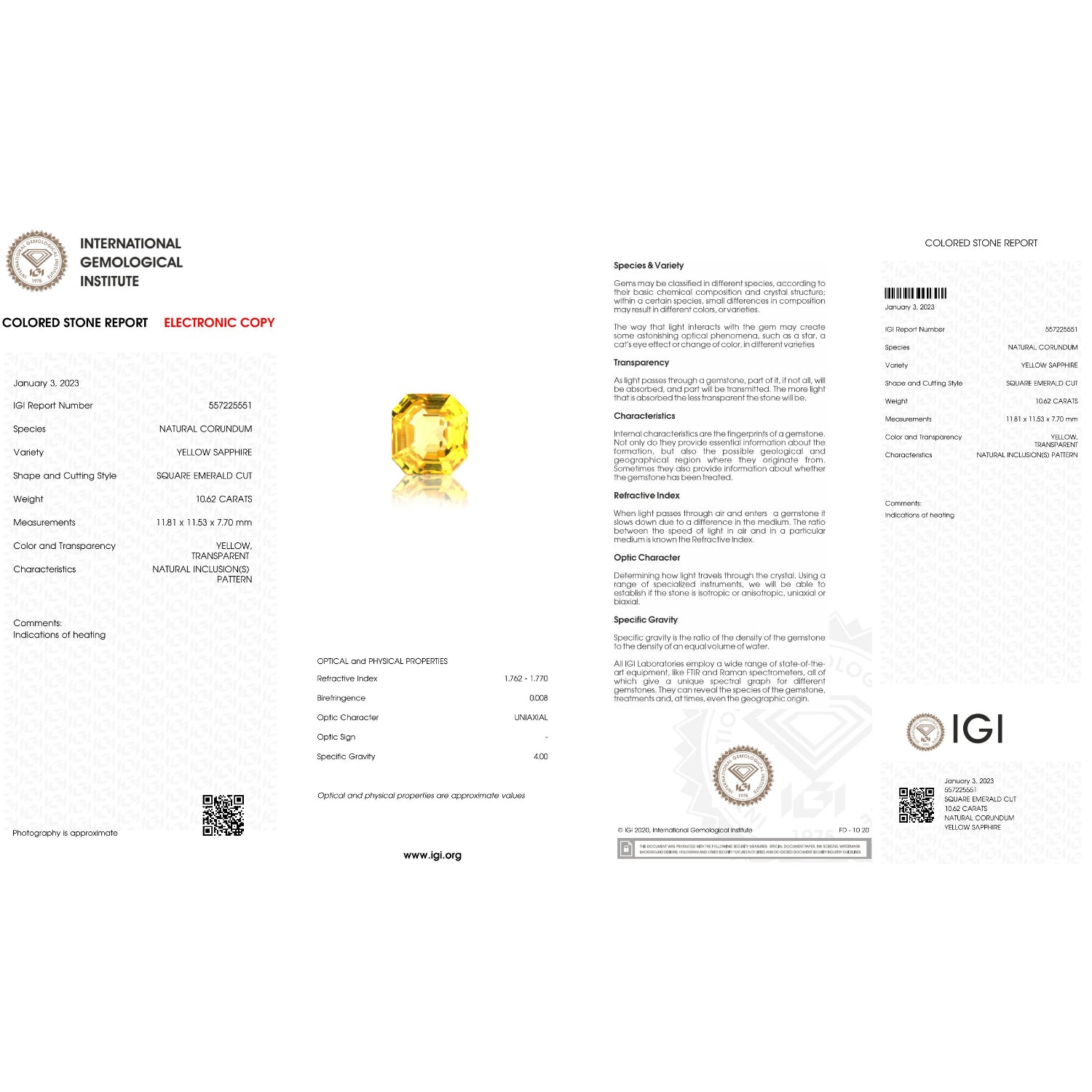 IGI Certificate of a Yellow Sapphire - 10.62 carats