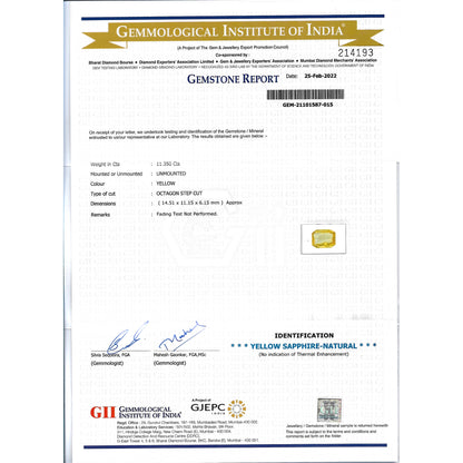 GII Certificate of a Yellow Sapphire - 11.35 carats