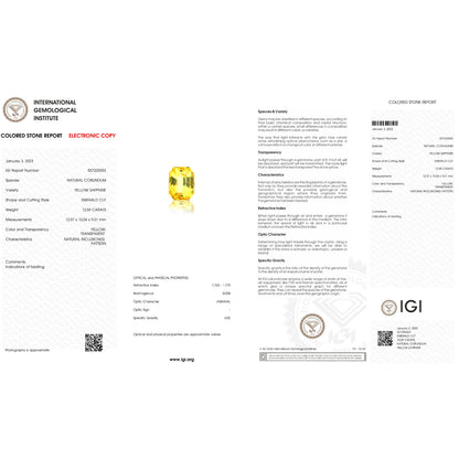 IGI Certificate of a Yellow Sapphire - 12.59 carats